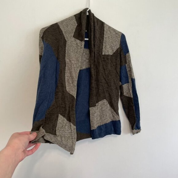 NIC+ZOE Tan Brown ish Blue Colorblock Geo Geometric Open Cardigan PETITE PP / XS - Picture 11 of 15